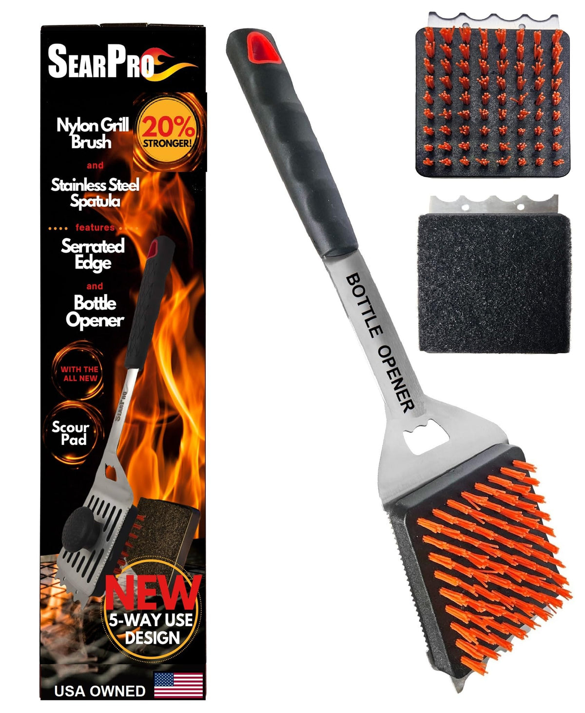SearPro 5-in-1 grill brush head cleans grill grates efficiently for easy cooking