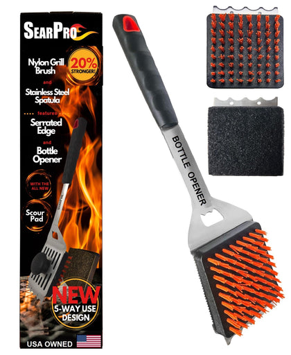 SearPro 5-in-1 grill brush head cleans grill grates efficiently for easy cooking