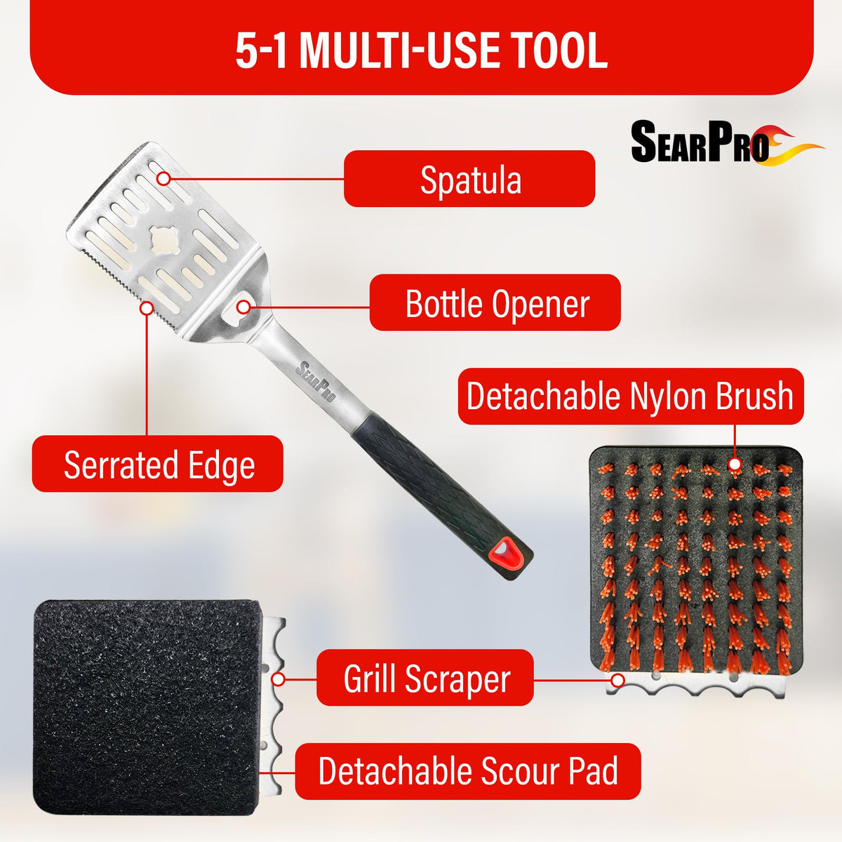SearPro nylon-bristle head cleans grills without stray bristles