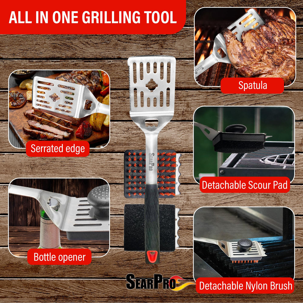 SearPro serrated-edge assists precise meat trimming during grilling