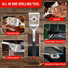 SearPro serrated-edge assists precise meat trimming during grilling