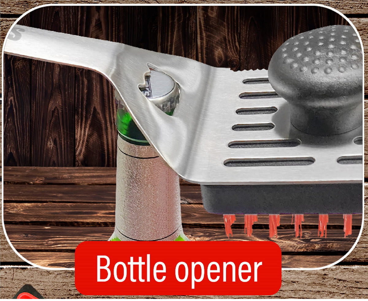 SearPro 5-in-1 grill brush spatula enables smooth flipping and serving