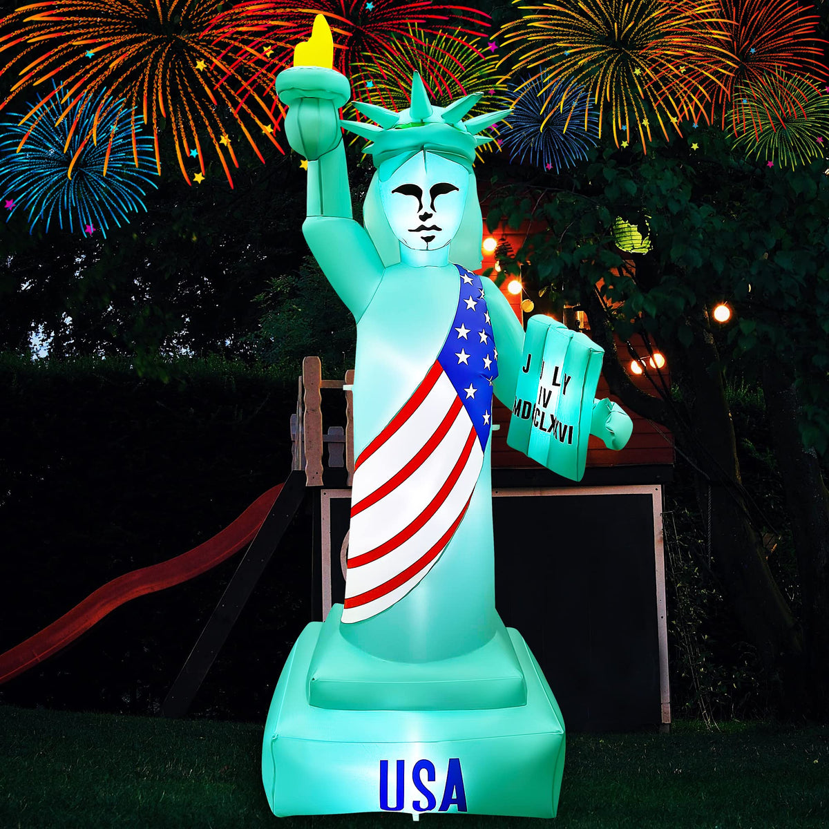 SeasonBLOW built-in LED lights illuminate the Liberty figure at night