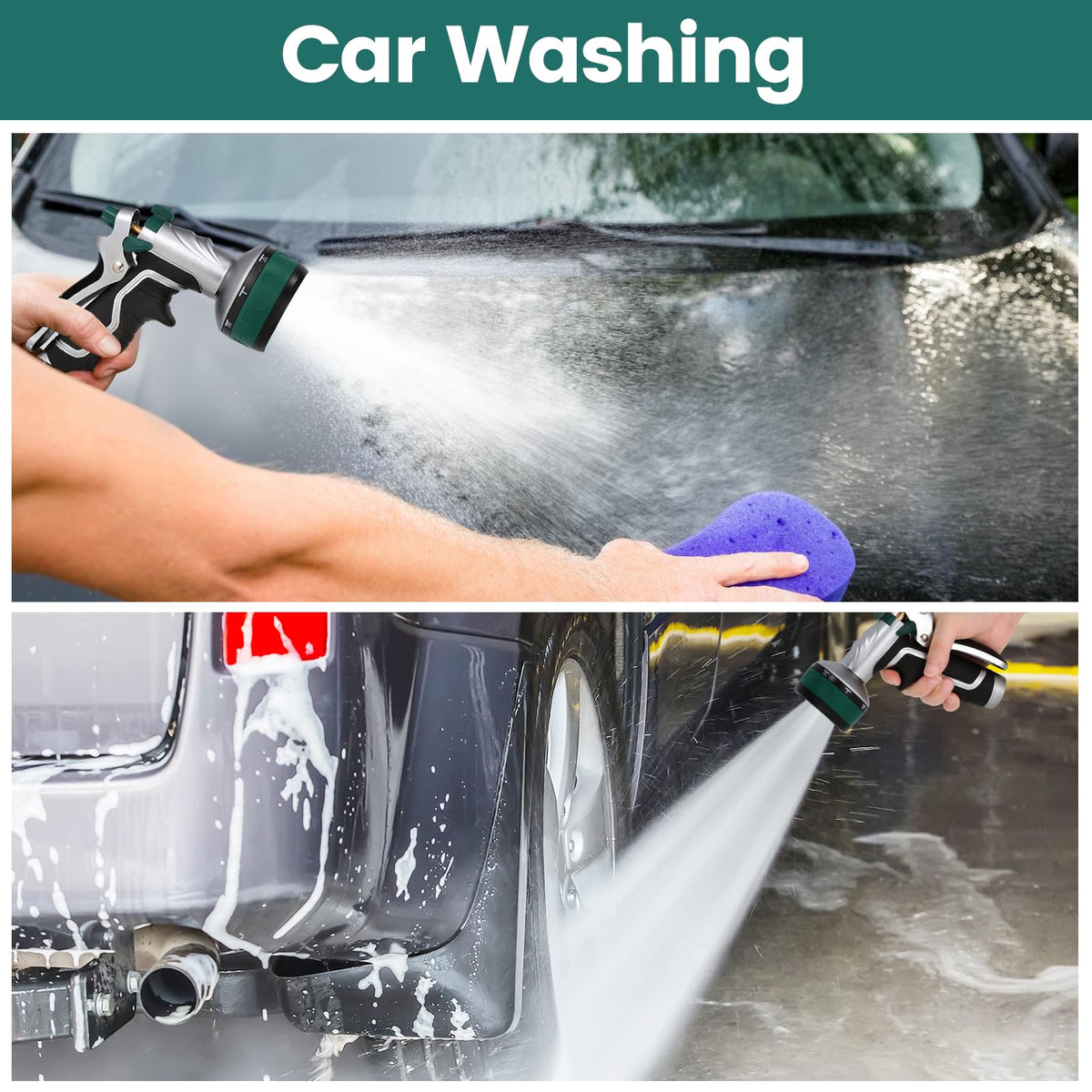 Seatern nozzle in action for garden watering and car washing.
