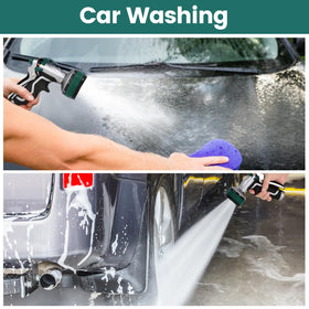 Seatern nozzle in action for garden watering and car washing.