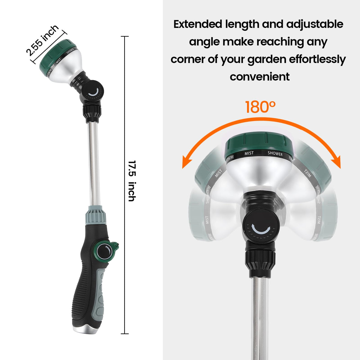 Seatern wand featuring 180 degree pivoting head for precise watering