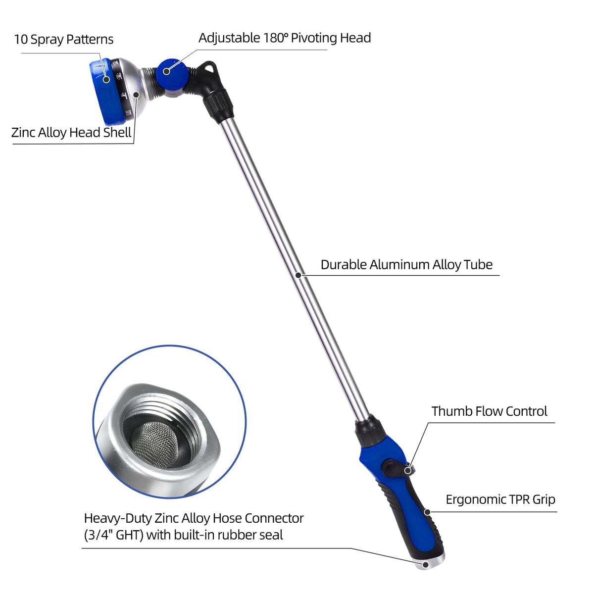 Seatern watering wand pivot head enables precise watering around plants.