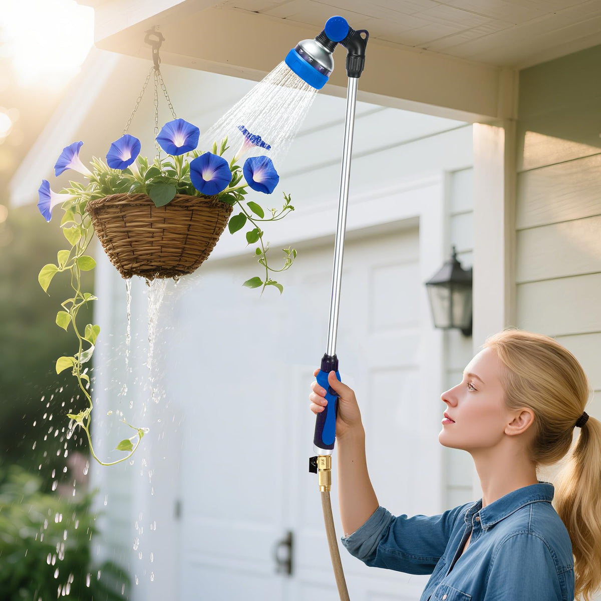 Seatern 180-degree pivot helps water overhead baskets and high beds.