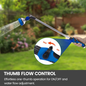 Seatern watering wand offers ergonomic thumb control for comfortable watering.