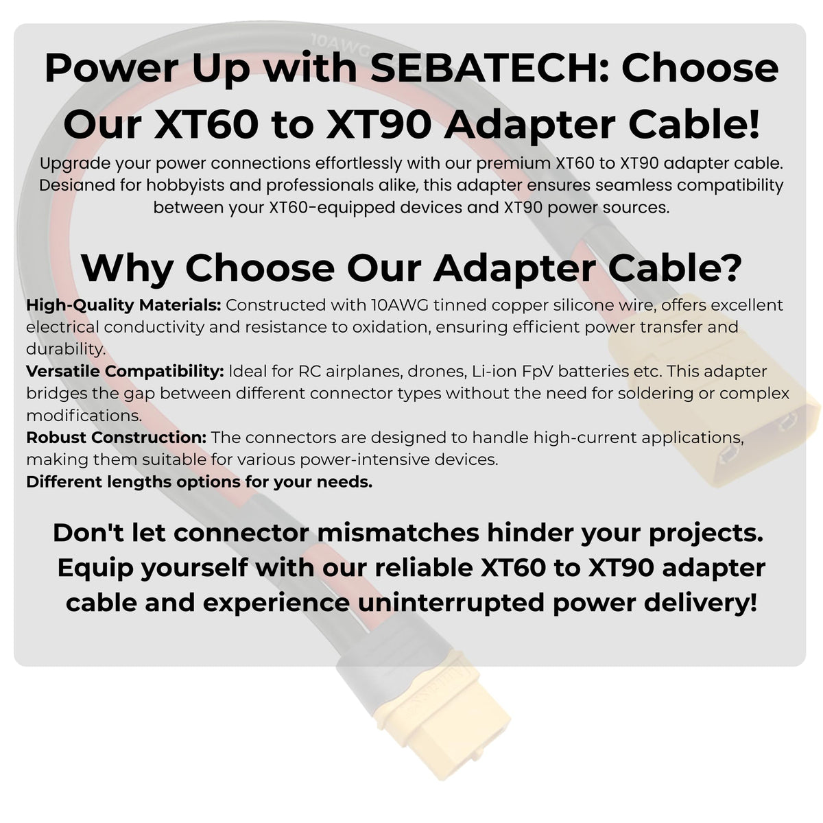 SEBATECH XT60 to XT90 adapter ideal for RC and FPV power setups