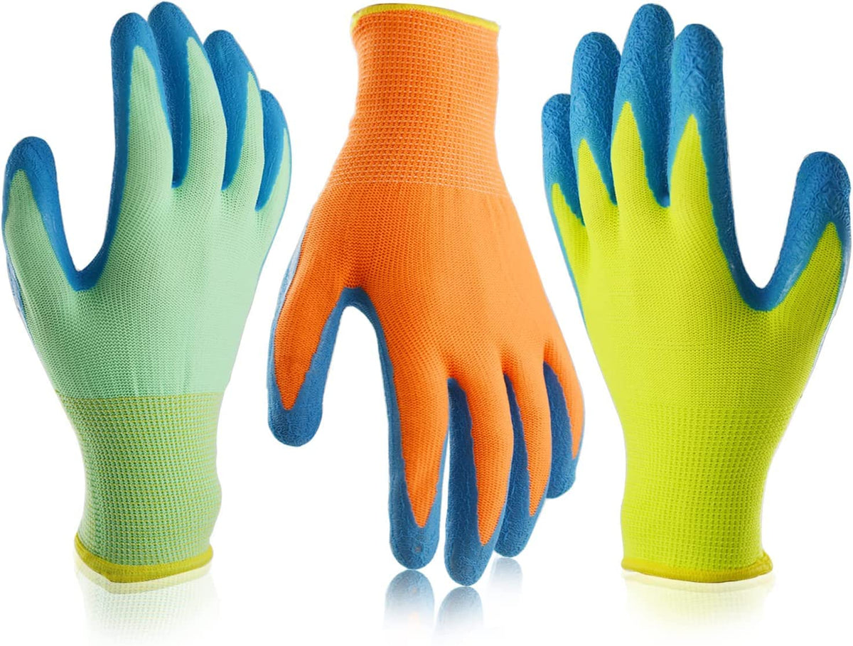 SECHAND kids gardening gloves, green palm with crinkled latex grip for young gardeners.