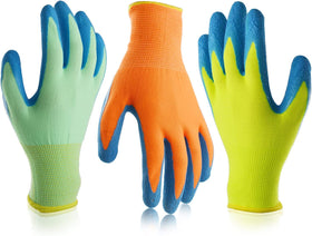 SECHAND kids gardening gloves, green palm with crinkled latex grip for young gardeners.