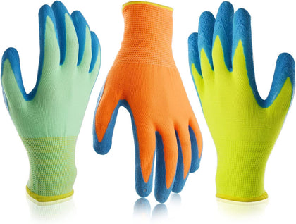 SECHAND kids gardening gloves, green palm with crinkled latex grip for young gardeners.