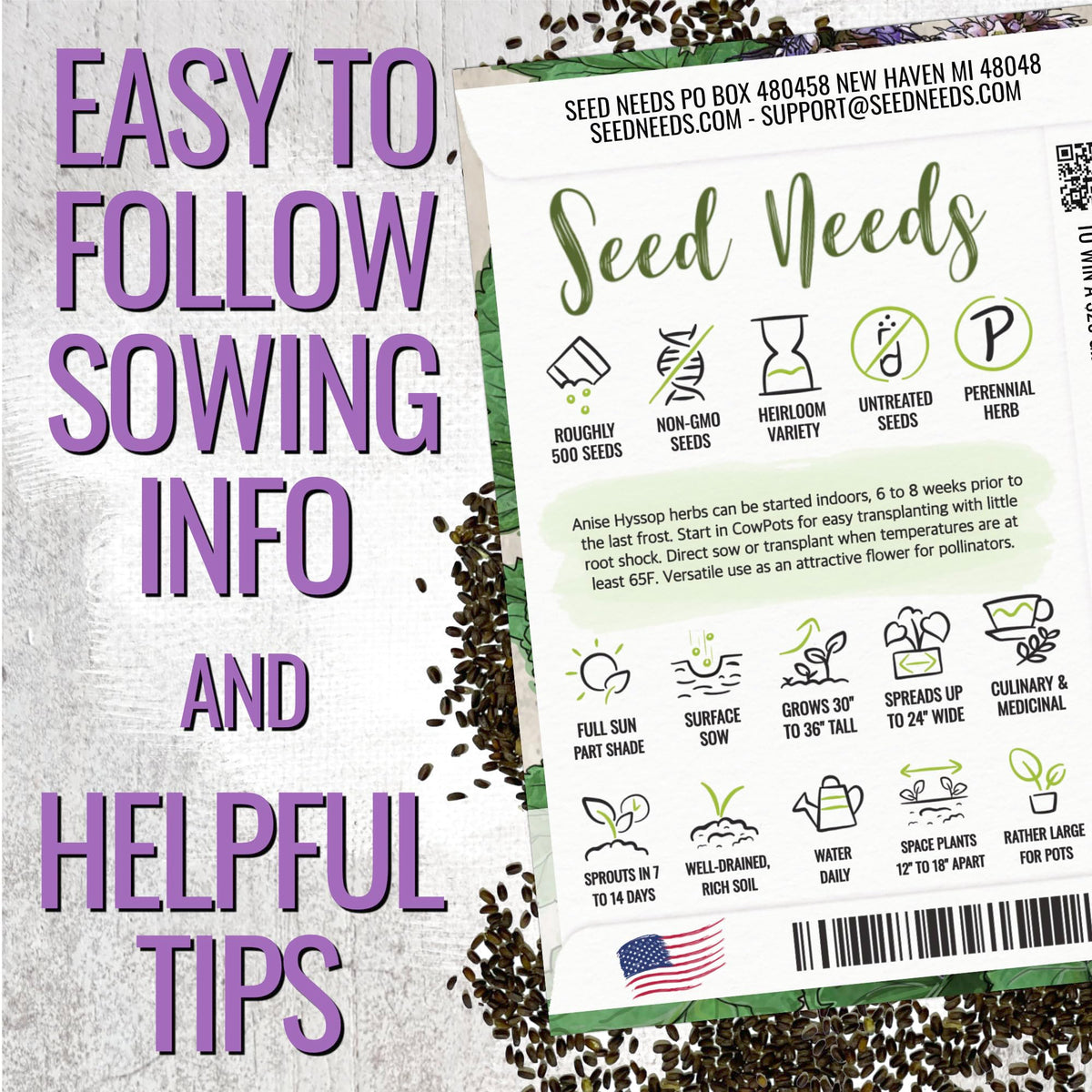 Seed Needs Anise Hyssop seeds sowing instructions on reverse, easy planting.