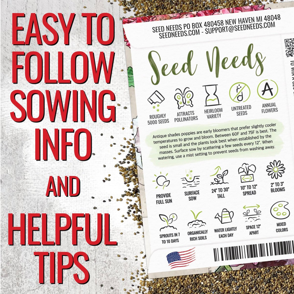 Seed Needs Antique Shades Peony Poppy packet back with sowing guidance for direct seeding.