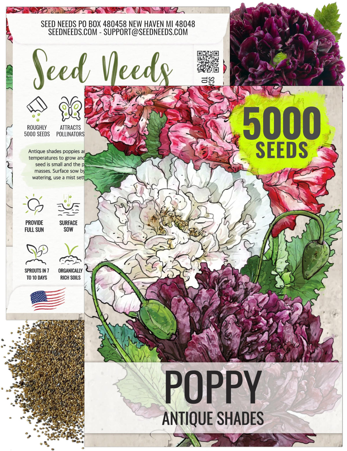 Seed Needs Antique Shades Peony Poppy seeds on packet front, ideal for colorful garden borders.