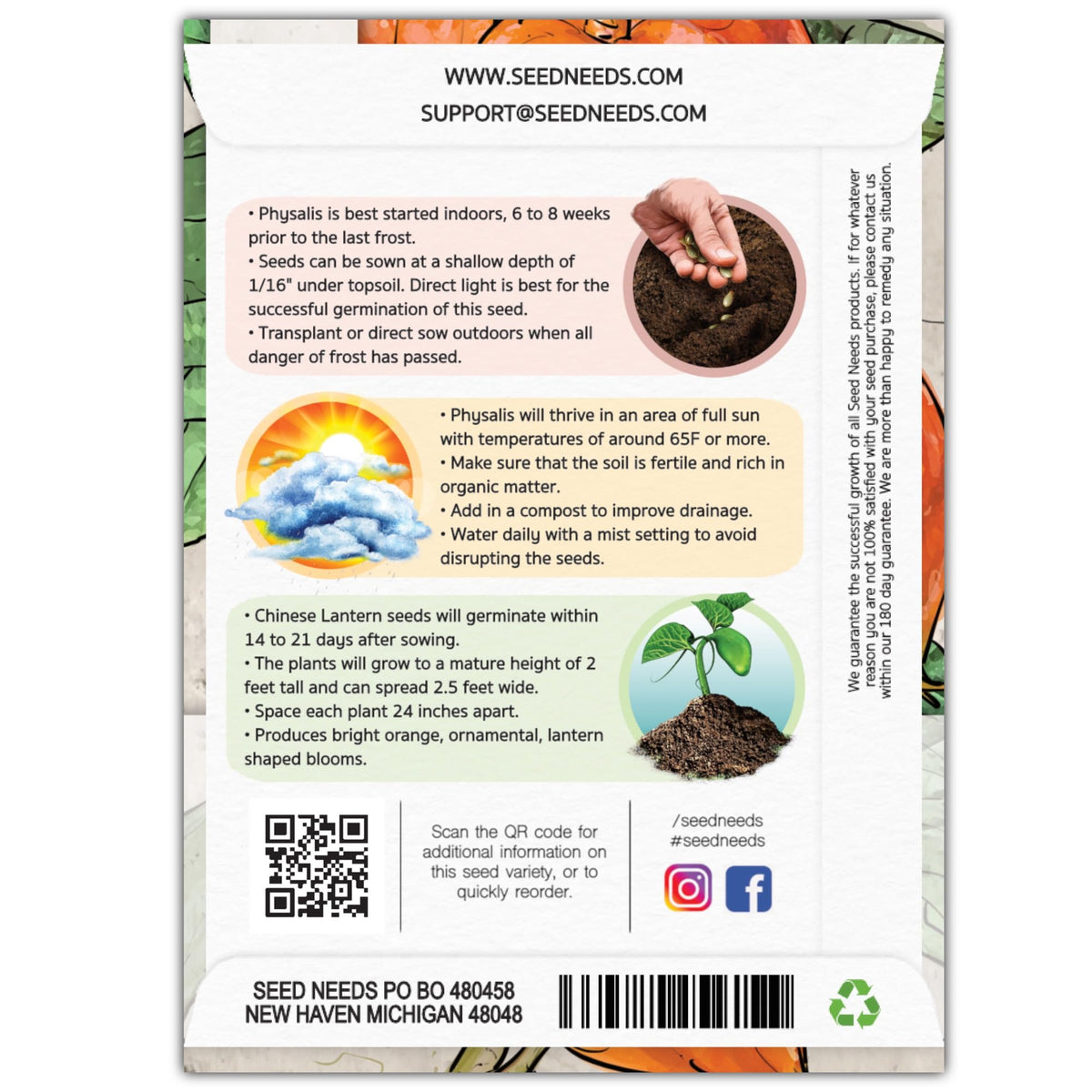 Seed Needs Chinese Lantern seed packet back shows germination tips for healthy start.