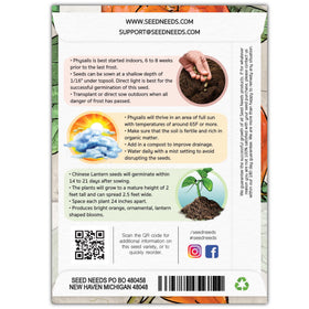 Seed Needs Chinese Lantern seed packet back shows germination tips for healthy start.