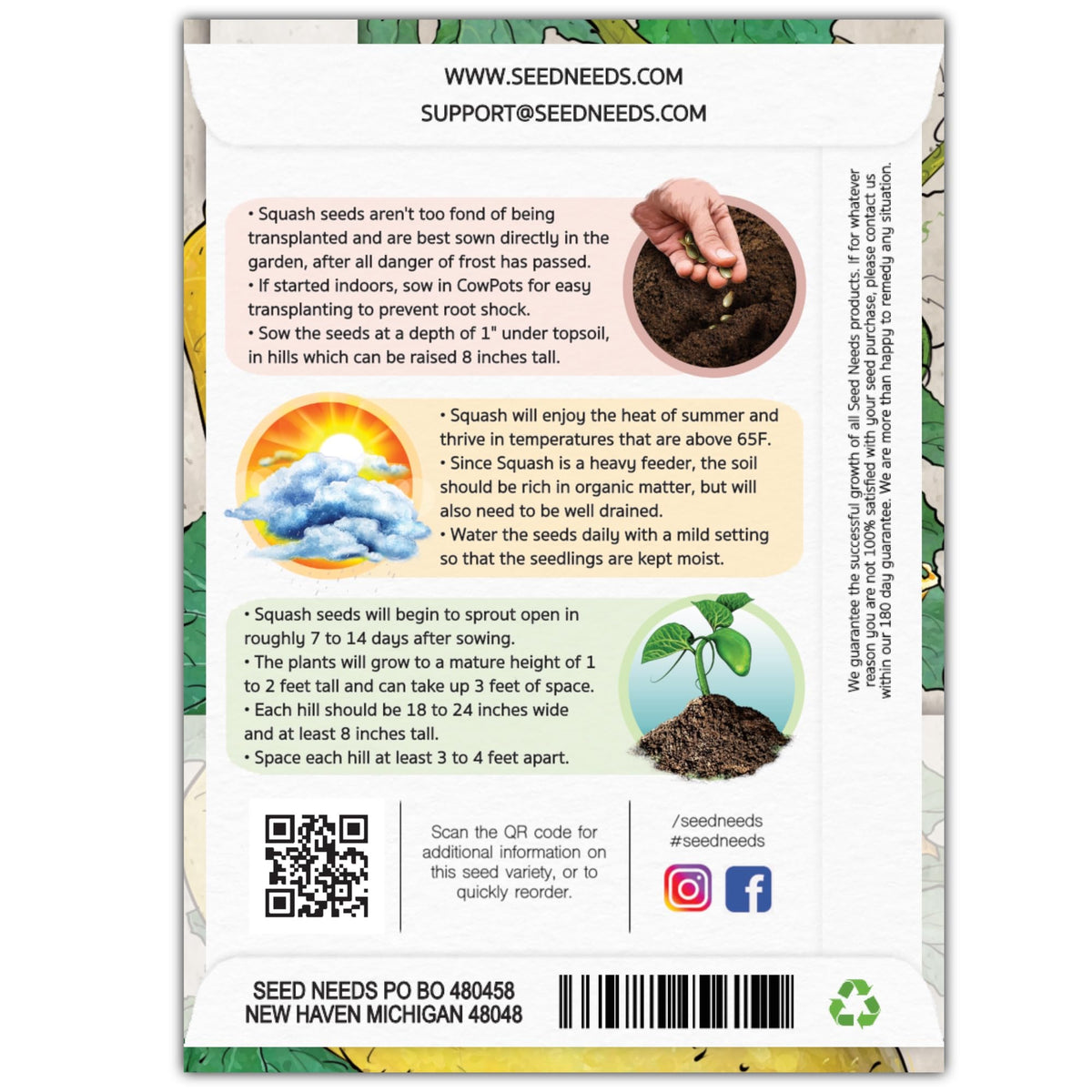 Seed Needs Crookneck squash seeds label with sowing details supports confident planting.