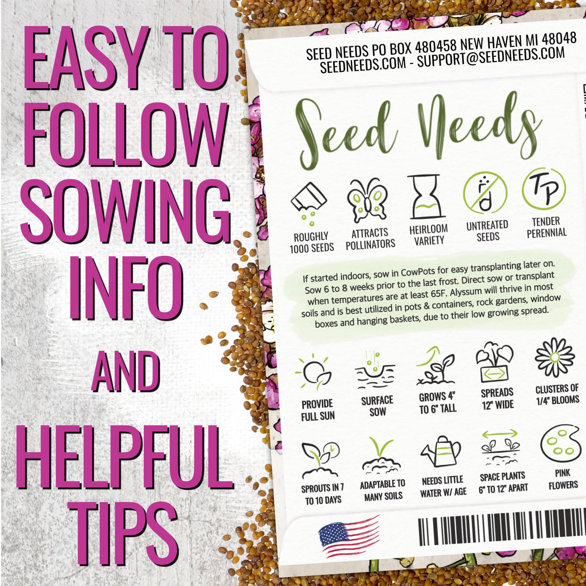 Seed Needs Dwarf Pink Alyssum mound grows 2–4 inches tall.
