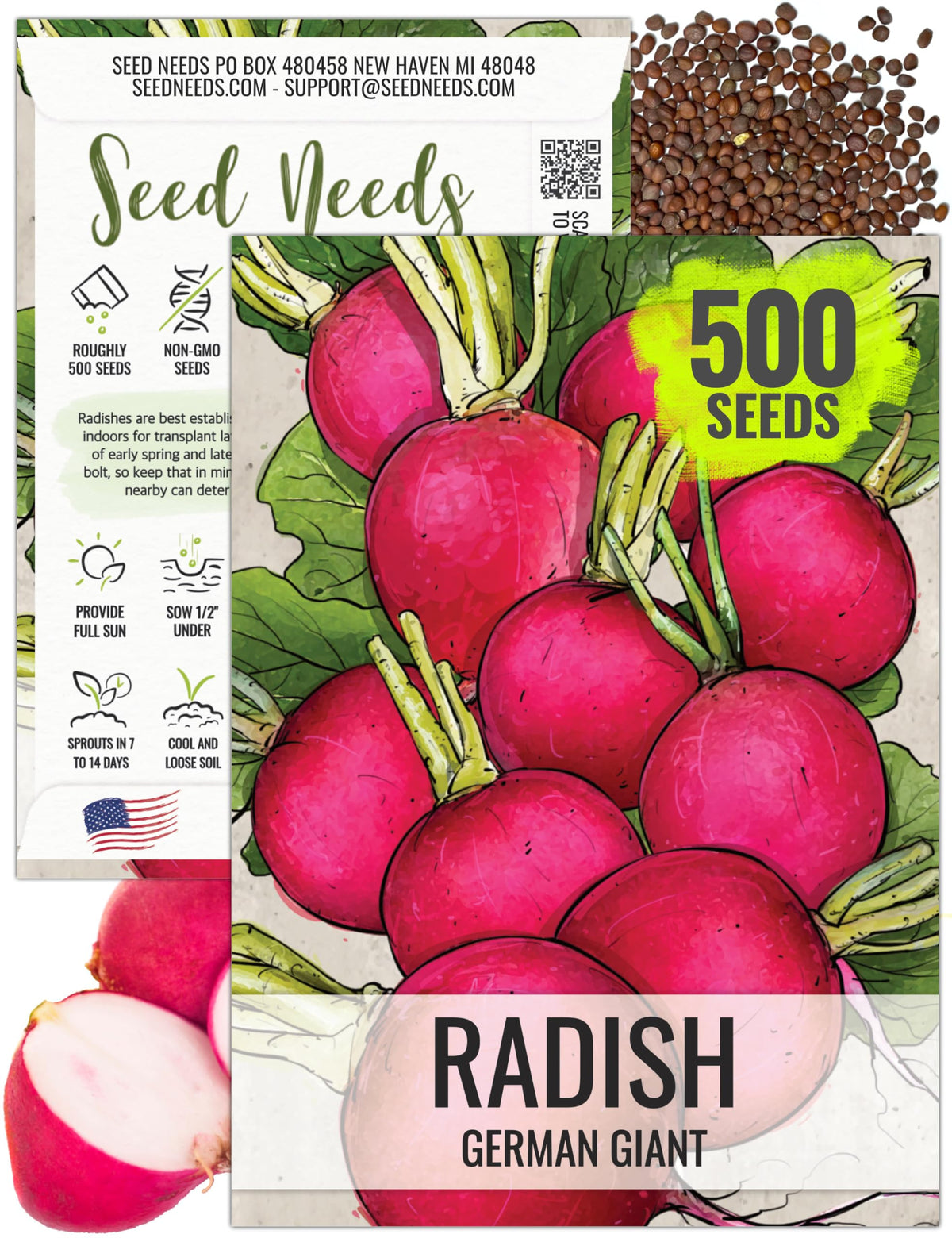 Seed Needs German Giant radish seed pack illustration signaling strong germination potential.