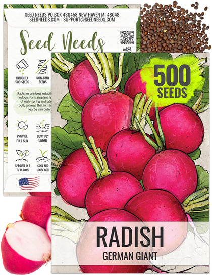 Seed Needs German Giant radish seed pack illustration signaling strong germination potential.