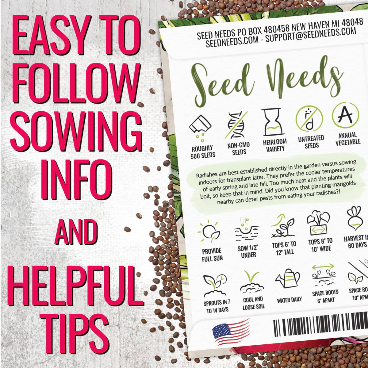 Seed Needs German Giant radishes planting illustration for cool weather planting.