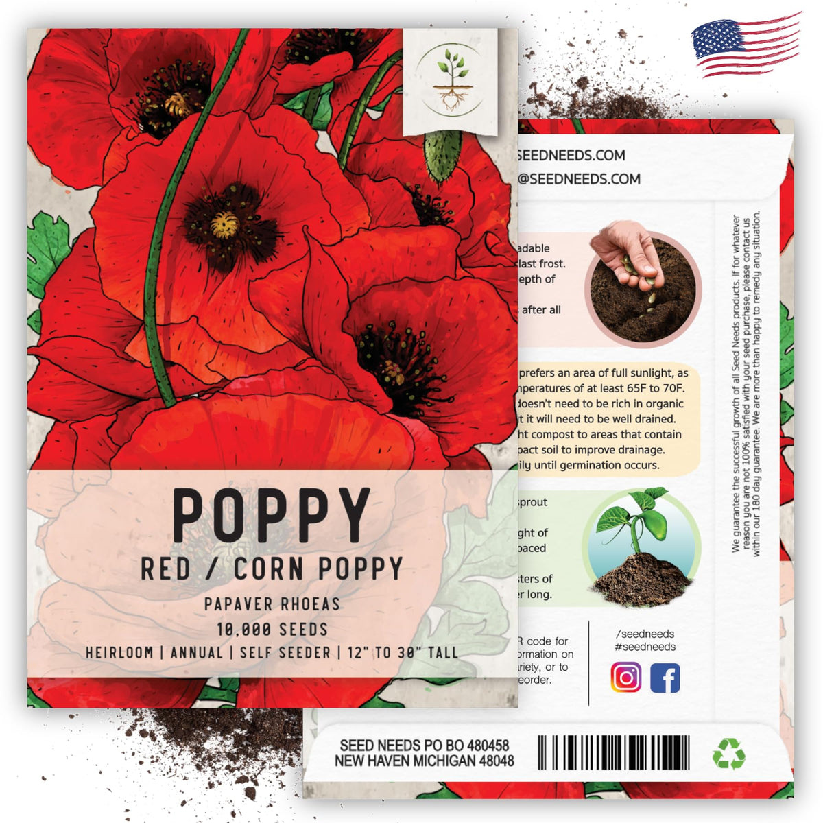 Seed Needs seed packets include sowing info and artful illustrations.