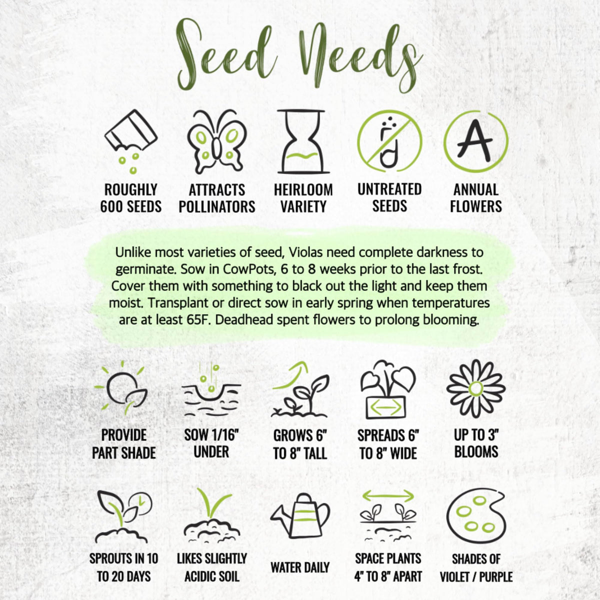 Seed Needs King Henry Viola seeds are open-pollinated and fresh for reliable germination.