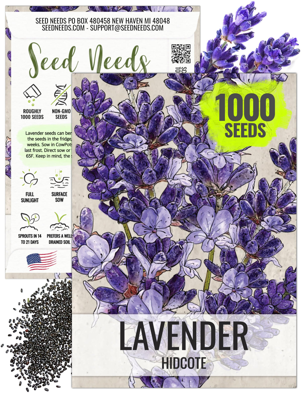 Seed Needs Hidcote lavender seeds packaging, ideal for easy spring sowing.