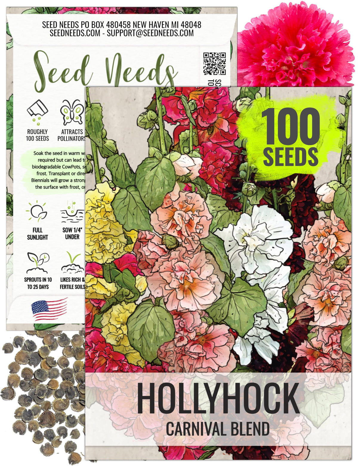 Seed Needs mixed carnival hollyhock seeds for a colorful garden backdrop.