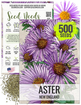 Seed Needs New England Aster seeds packaging shows sowing information for gardeners.