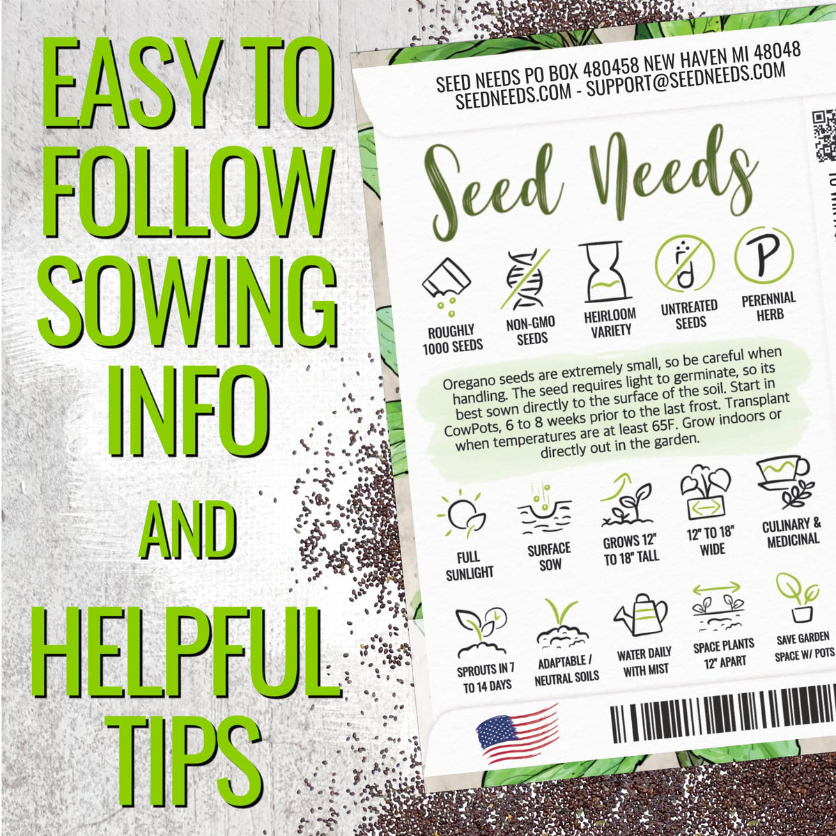 Seed Needs oregano stem close-up for bold flavor in simmered sauces.