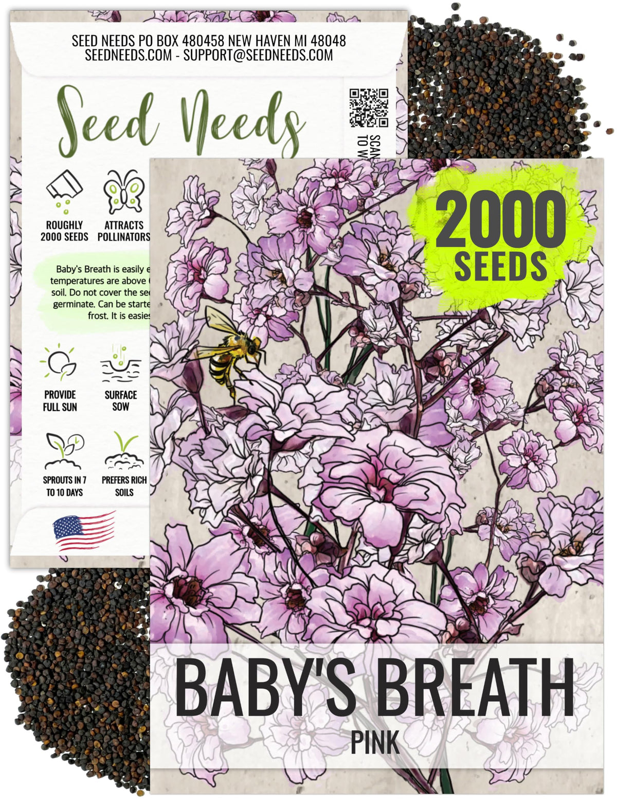 Seed Needs pink baby's breath seed pack front view for planning a pollinator garden.