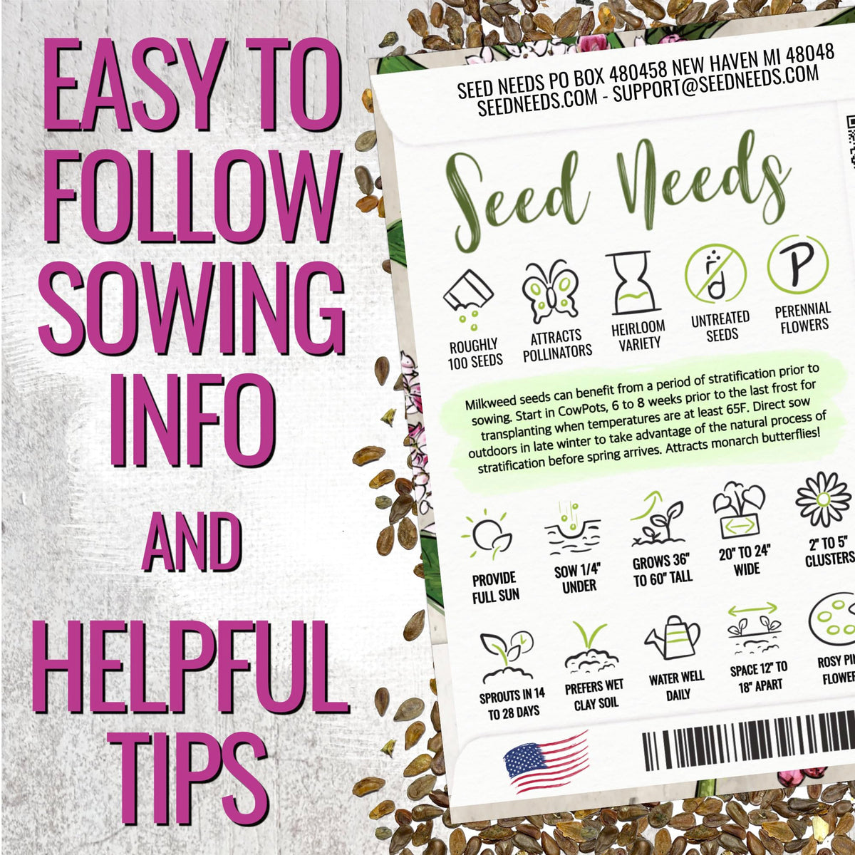 Seed Needs Pink Swamp Milkweed seeds closeup ready for germination.