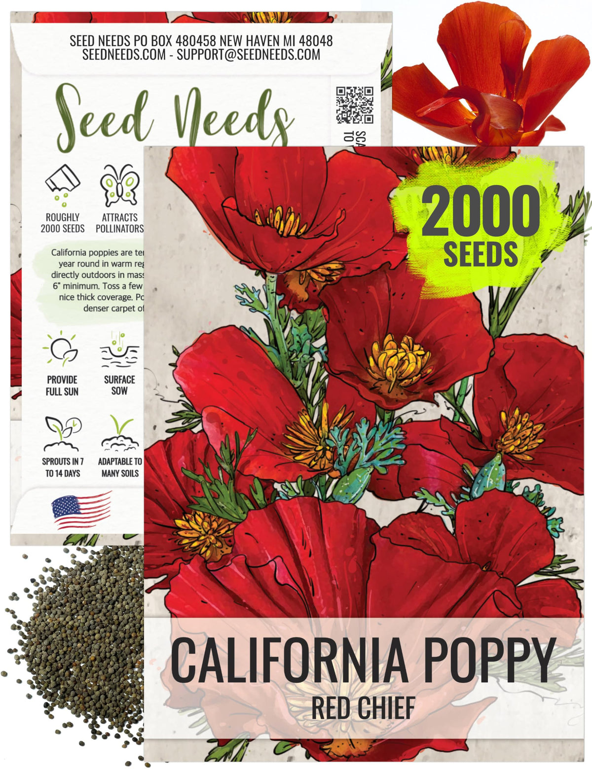 Seed Needs Red Chief California poppy flowers bloom in bright red-orange for sunny borders