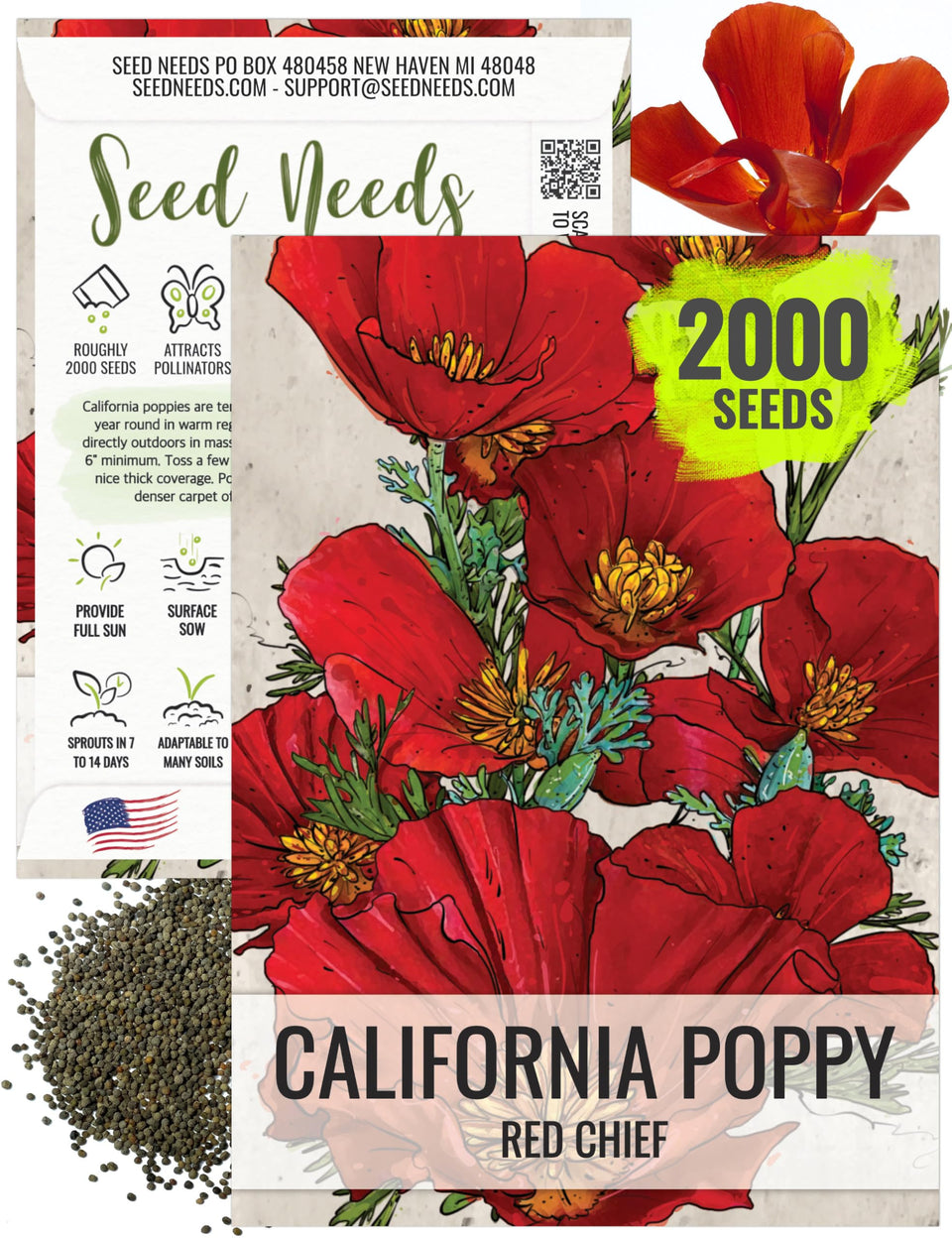 Seed Needs Red Chief California poppy flowers bloom in bright red-orange for sunny borders