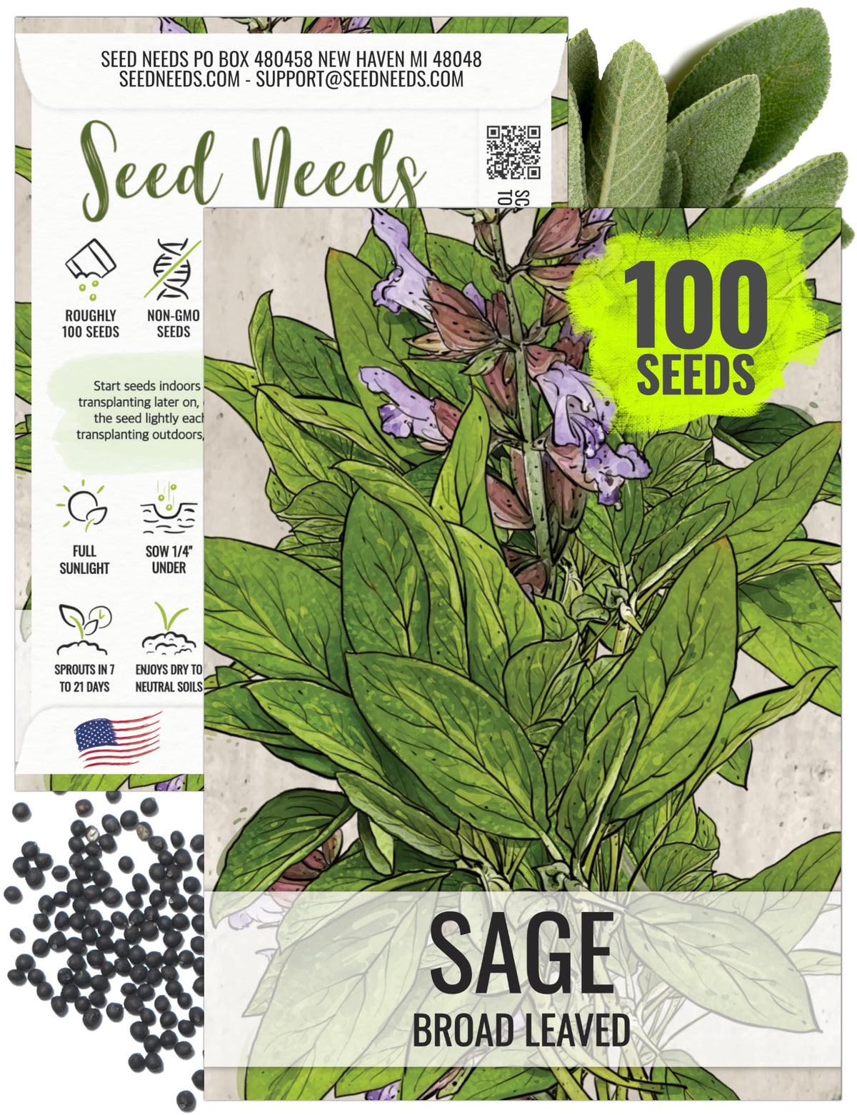 Seed Needs Sage Seeds broad-leaved packet front highlights heirloom, non-GMO quality for home gardens.