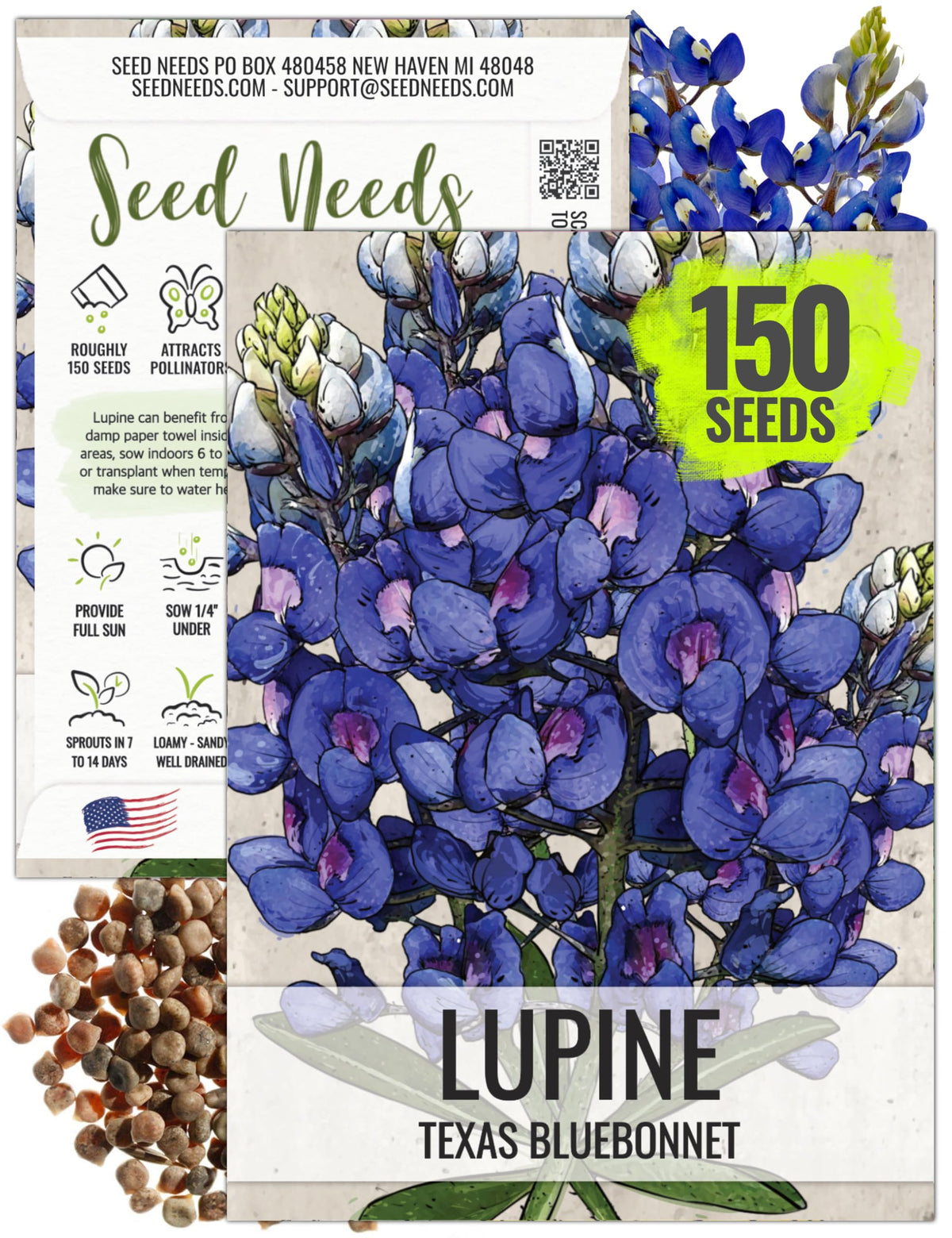 Seed Needs packaging for Texas Bluebonnet seeds ready for spring planting.