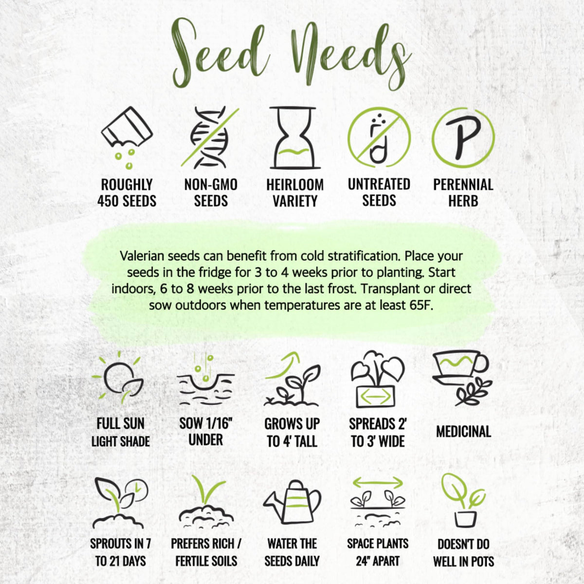 Seed Needs Valerian seeds open-pollinated heirloom label highlighting heritage quality