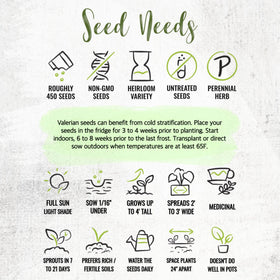 Seed Needs Valerian seeds open-pollinated heirloom label highlighting heritage quality