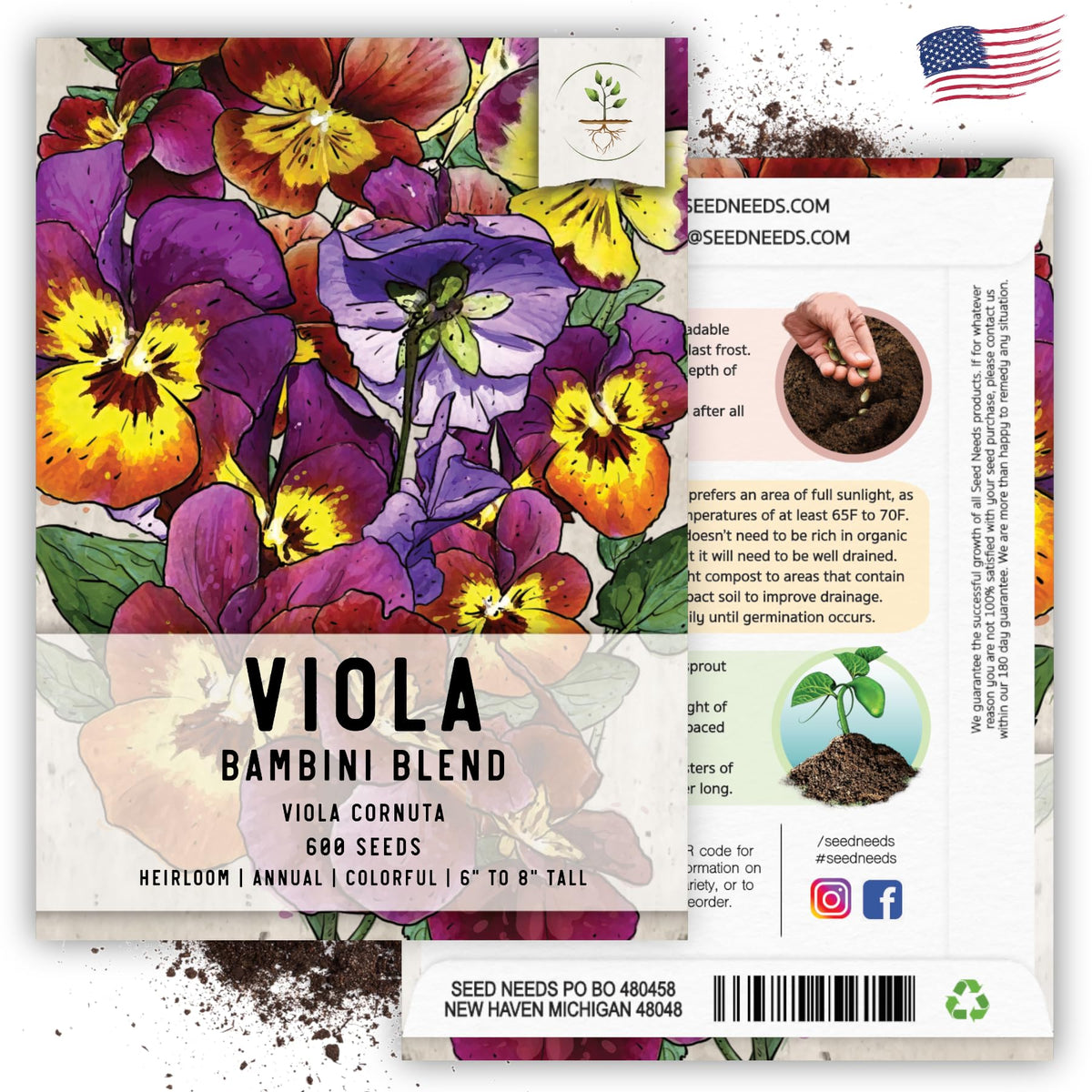 Seed Needs viola pollinator garden ready image suggests bees visiting blooms.