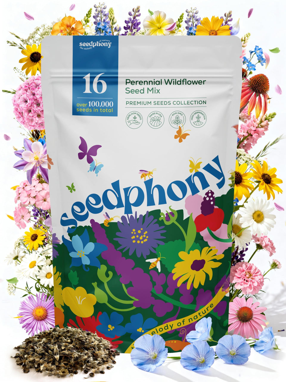 Seedphony 16 Perennial Wildflower Mix packaging with resealable pouch preserves viability.