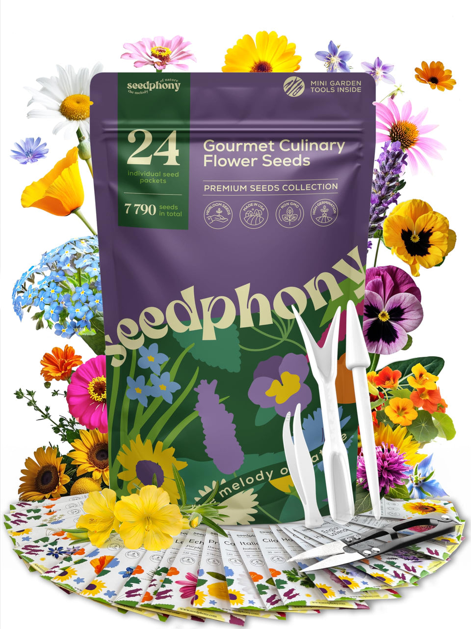 Seedphony 24 Gourmet Culinary Flowers Pack — vibrant edible blooms for salads and garnishes.
