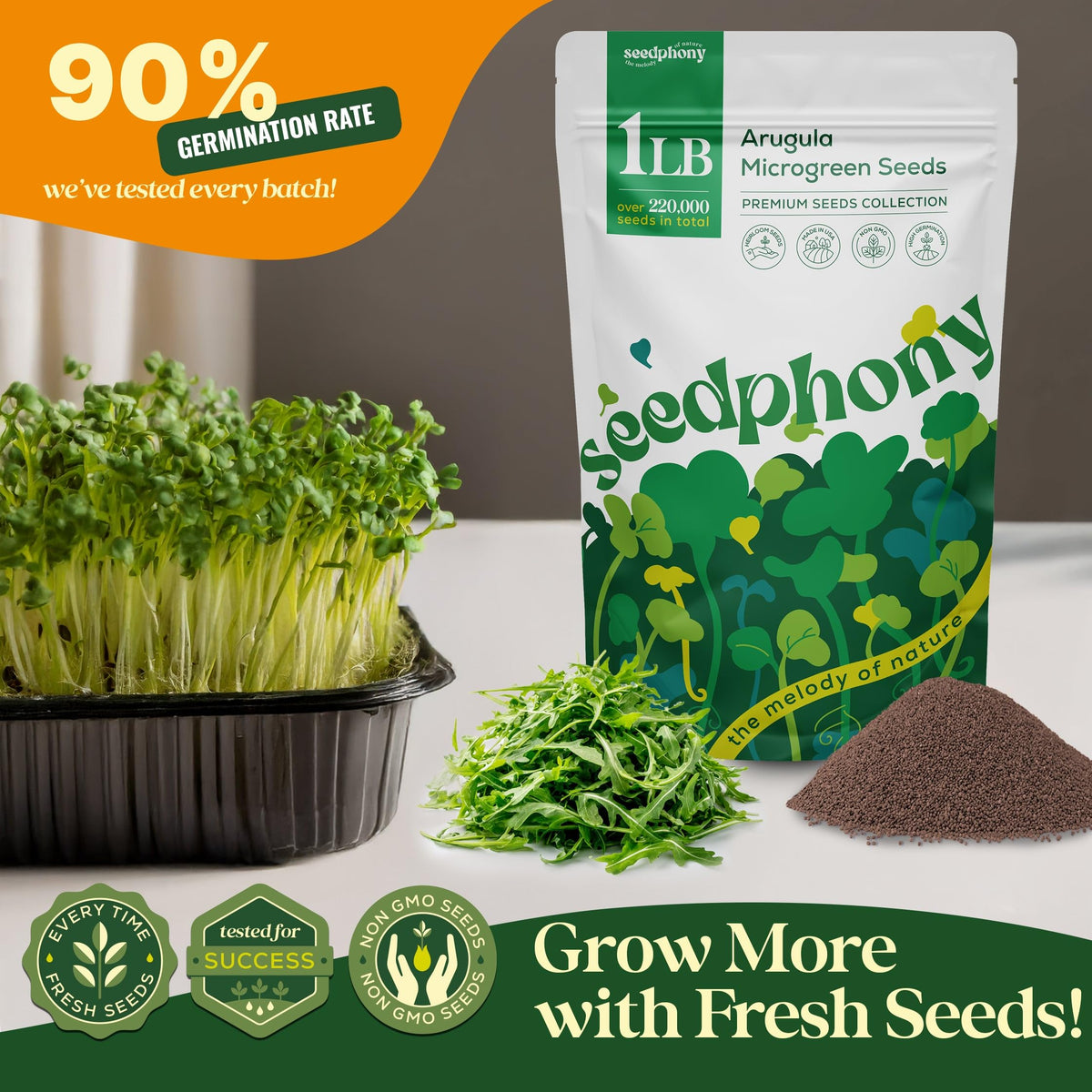 Seedphony arugula greens ready to elevate meals and snacks.