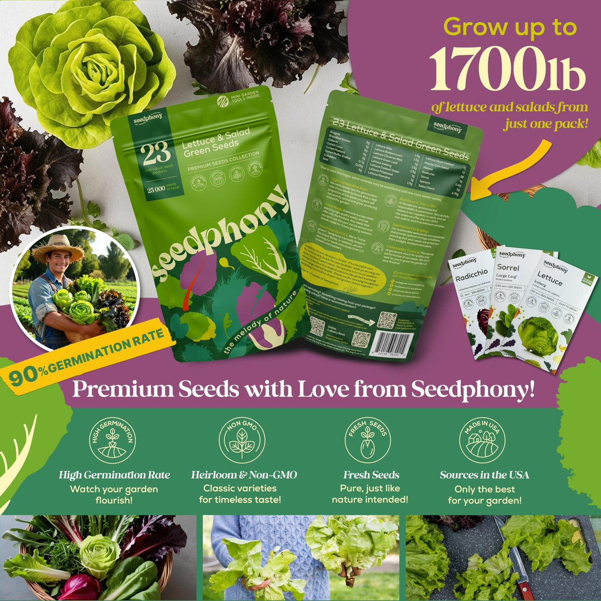 Seedphony heritage lettuce seed packets ready for indoor or outdoor planting.