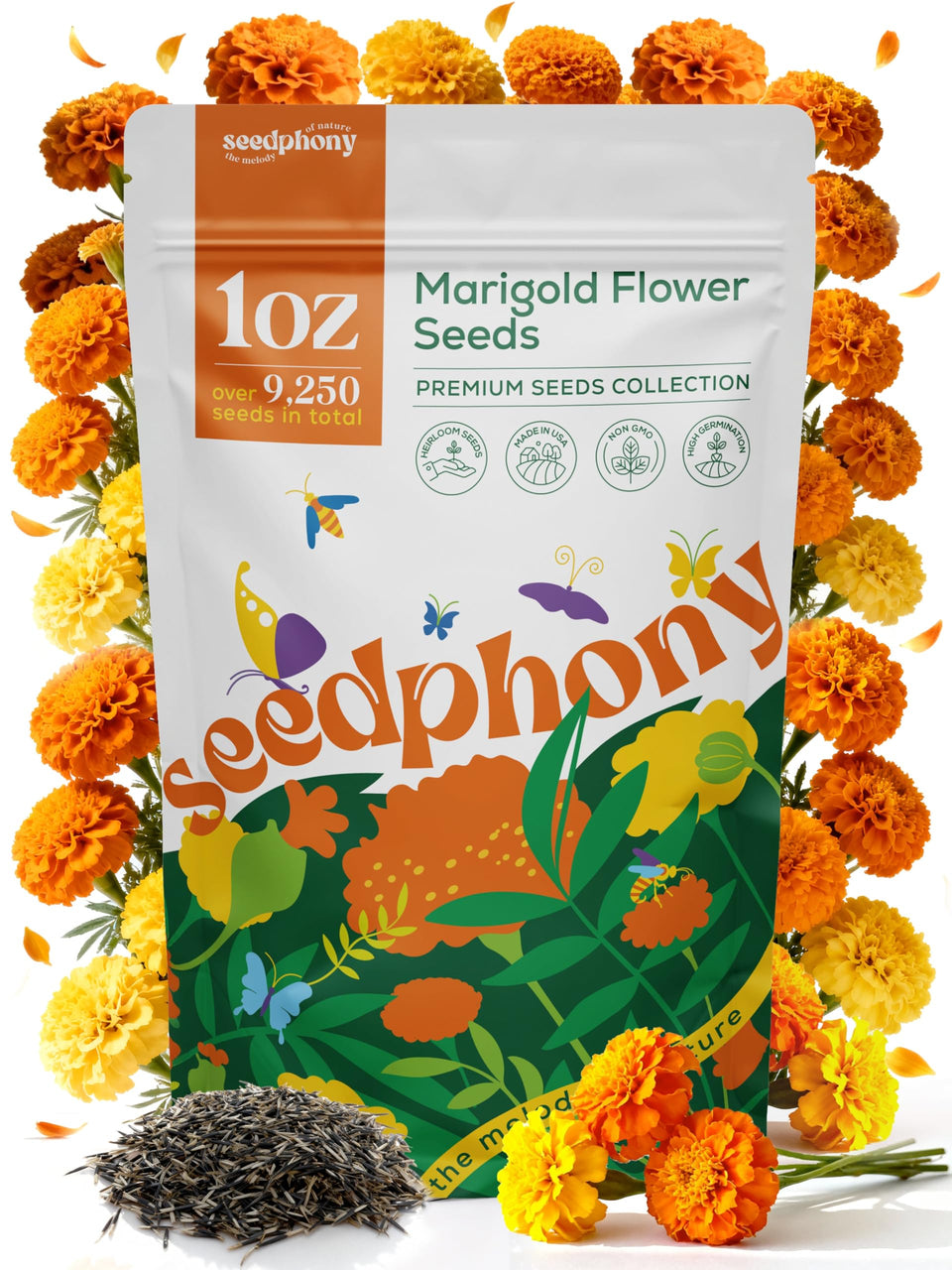 Seedphony marigold seeds in a 1 oz pack for vibrant, pollinator-friendly gardens.