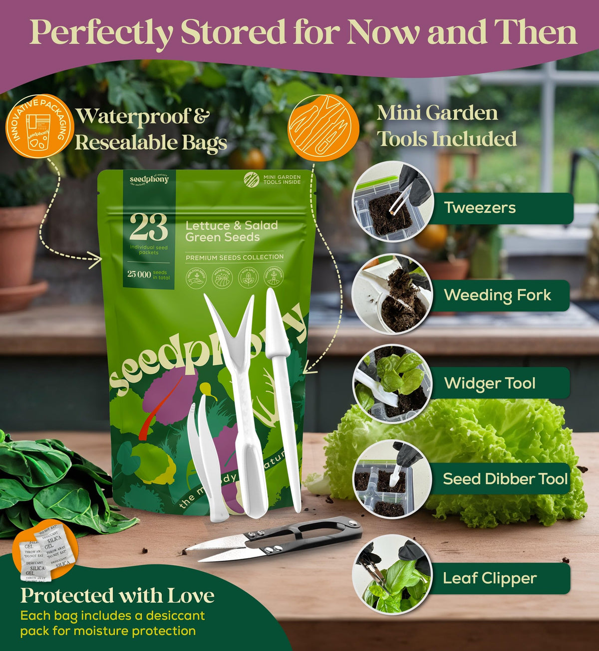 Seedphony seed dibber, tweezers, and weeding fork enable precise sowing.