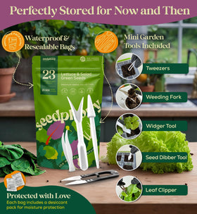 Seedphony seed dibber, tweezers, and weeding fork enable precise sowing.