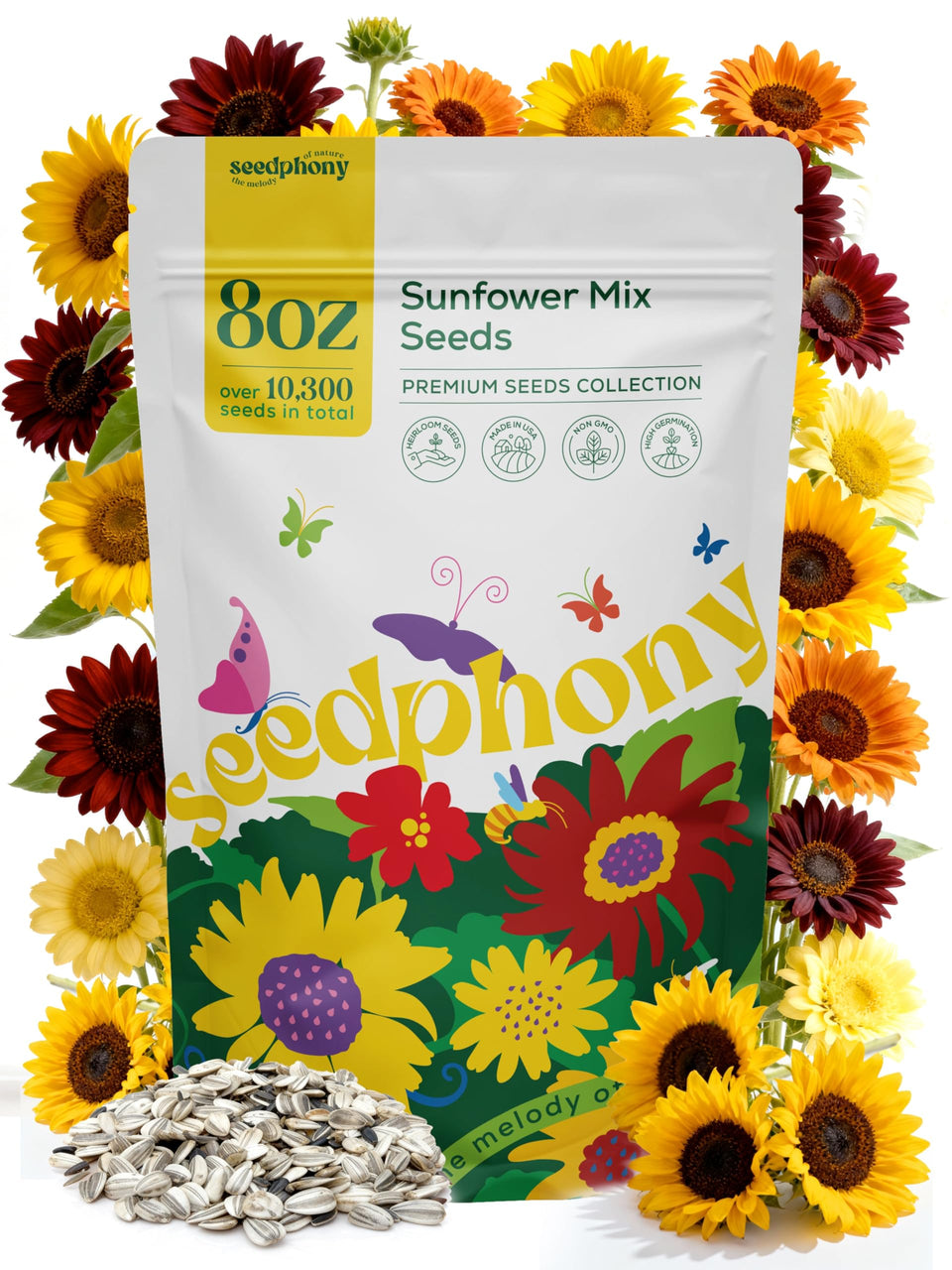 Seedphony Sunflower Mix 8oz pack showing resealable pouch for freshness